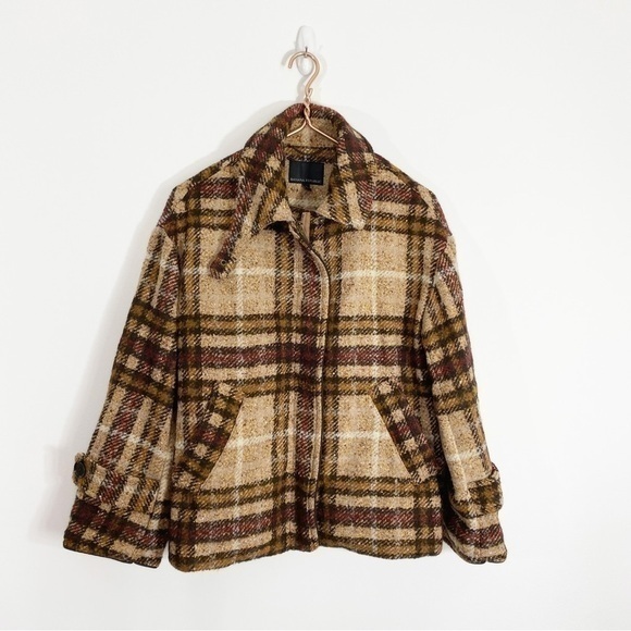 Banana Republic XS‎ Plaid Wool Balmacaan Full Zip Coat Oversized Brown Neutral - Picture 5 of 15